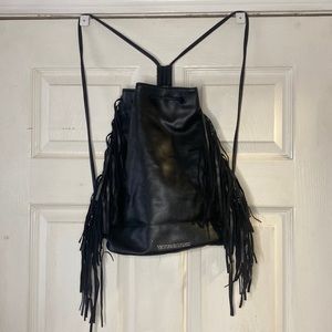 VS leather fringe draw string bag